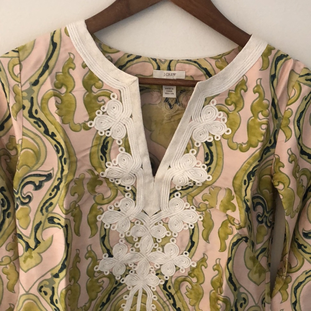 J.Crew Silk Tunic Top in Green, Pink & Cream Floral Asian style print lace trim - Picture 2 of 10
